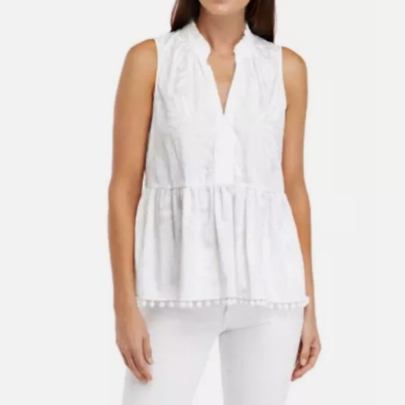 Lilly Pulitzer Tops - Lilly Pulitzer Large White Cotton Sleeveless Top With Pom Pom Hem